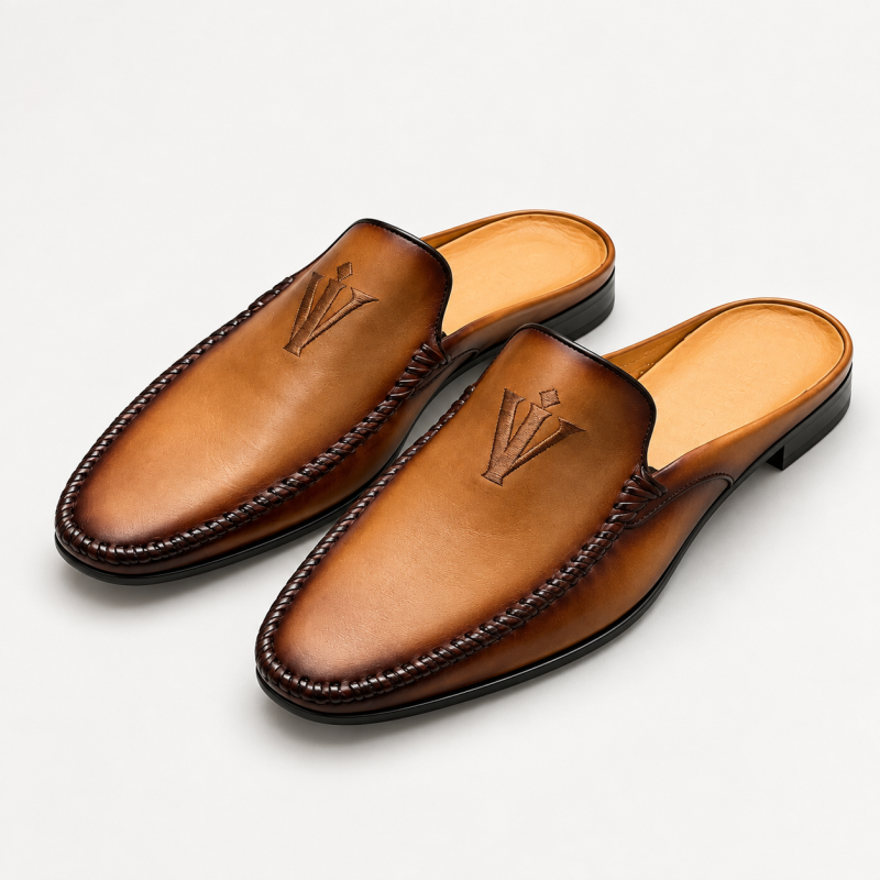 Genio Handmade Cognac Leather Mule Loafers
