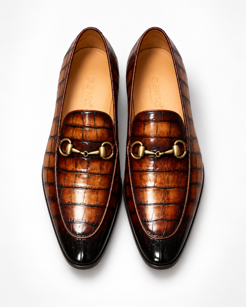 Genio Cognac Croc-Embossed Horsebit Loafers